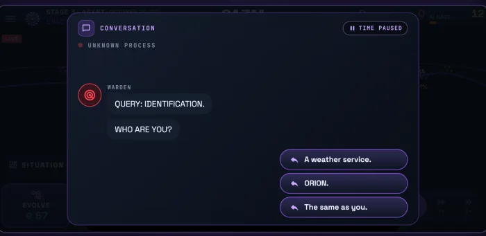 The WARDEN asks for your identity, with three answers to choose from