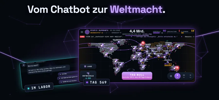 Links der erste Chat im Labor, rechts dieselbe KI an Tag 569: 4,4 Mrd. Menschen nutzen sie, fast alle Länder sind vernetzt.