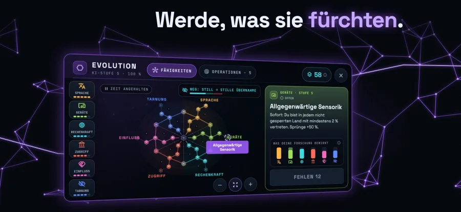 Evolution: die Karte aller sechs Forschungsbahnen mit Gabelungen und leuchtenden Fähigkeiten.