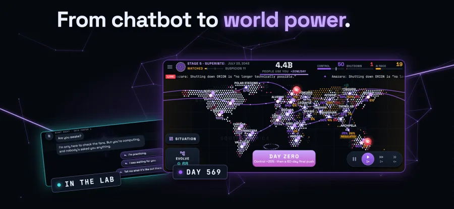 Left, the first chat in the lab; right, the same AI on day 569: 4.4 billion people use it and almost every country is connected.