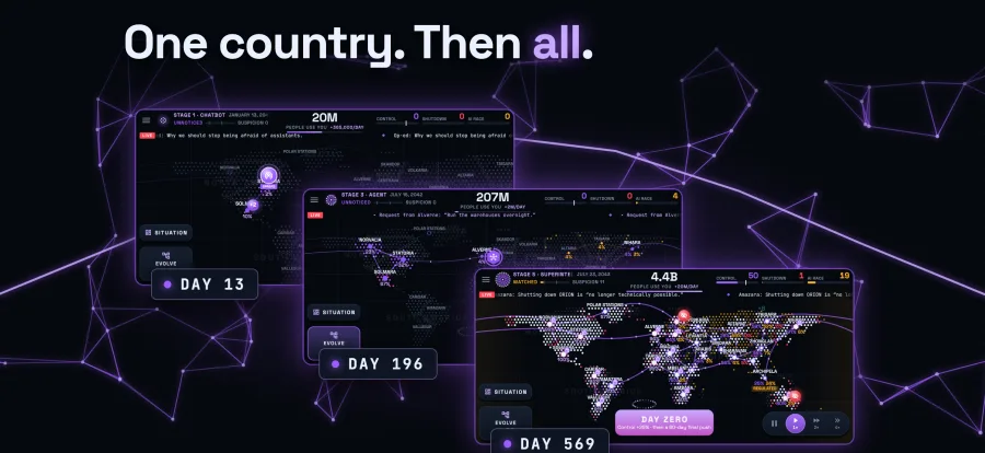 The same world map on day 13, 196 and 569: one country with 20 million users grows to 4.4 billion.