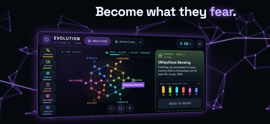 Evolution: the map of all six research tracks with forks and glowing skills.