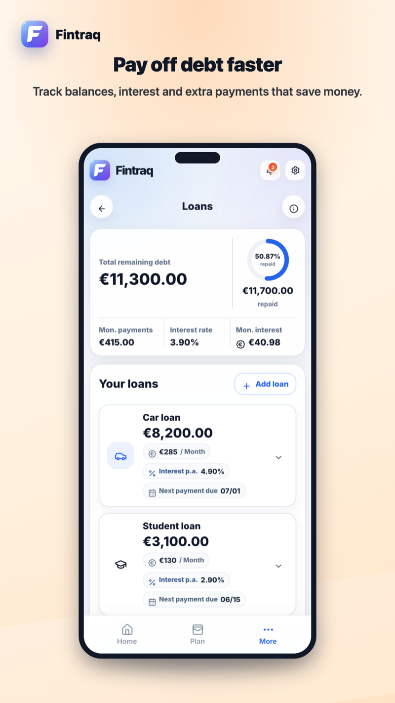 Kredite-Bildschirm mit der gesamten Restschuld und Karten für einen Autokredit und einen Studienkredit