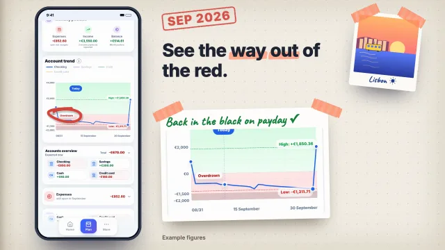 Diary page, September 2026: See the way out of the red. The account trend shows the checking account back in the black on payday.