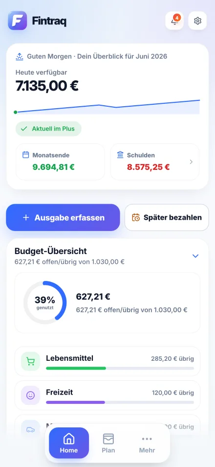 Fintraq: Übersicht über das verfügbare Geld