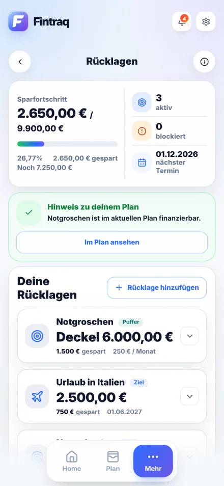 Rücklagen-Bildschirm mit Sparfortschritt, Plan-Empfehlung und Rücklagen für Notgroschen, Urlaub und Laptop