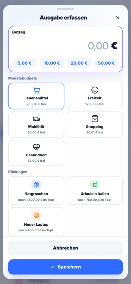 Dialog zum Erfassen einer Ausgabe mit Schnellbeträgen, Budget-Kacheln und Rücklagen-Kacheln