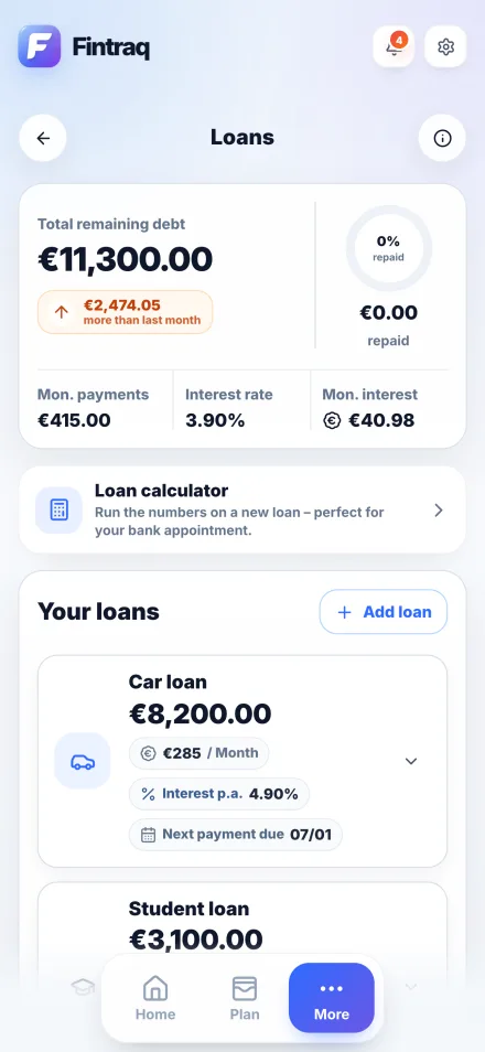 Loans screen with total remaining debt, the loan calculator entry and cards for a car loan and a student loan