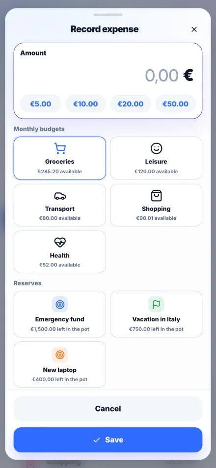 Record expense sheet with quick amount chips, monthly budget tiles and reserve tiles