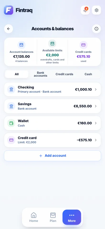 Accounts and balances screen with total balances, available limits and a list of bank, cash and credit card accounts