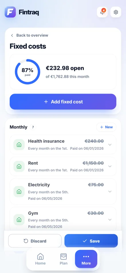 Fixed costs screen showing 87 percent paid this month and monthly entries for insurance, rent, electricity and gym