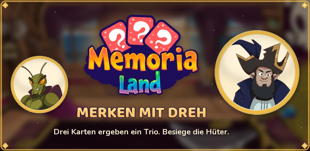 Memoria Land – Merken mit Dreh. Drei Karten ergeben ein Trio. Besiege die Hüter. Mit dem Piraten und der Heuschrecke aus dem Spiel.
