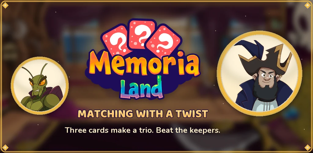 Memoria Land – Matching with a twist. Three cards make a trio. Beat the keepers. Featuring the pirate and grasshopper from the game.