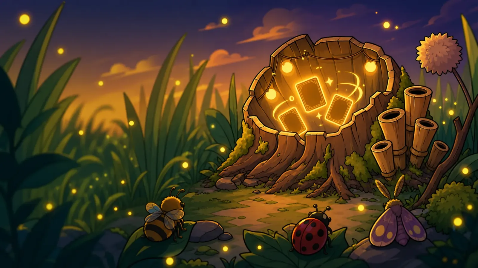 Key art for the Insect Meadow: a glowing tree stump with three cards on it, surrounded by tall grass, fireflies, a bee, a ladybird and a moth at dusk