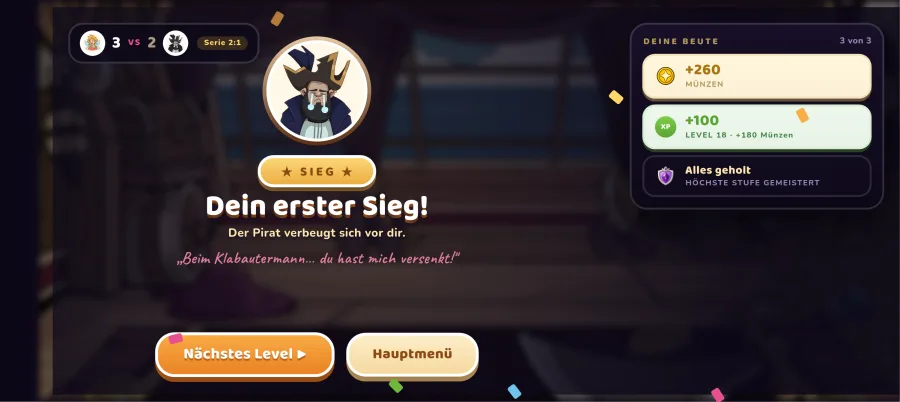 Sieg-Bildschirm nach dem ersten Sieg gegen den Piraten: 3:2 nach Trios, Serie 2:1, dazu 260 Münzen und 100 XP als Belohnung
