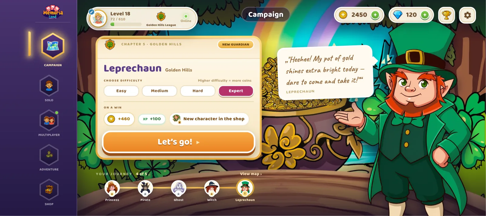 Campaign screen for chapter 5, Golden Hills: the Leprechaun invites you to a duel, with the difficulty picker from Easy to Expert and the row of keepers met so far