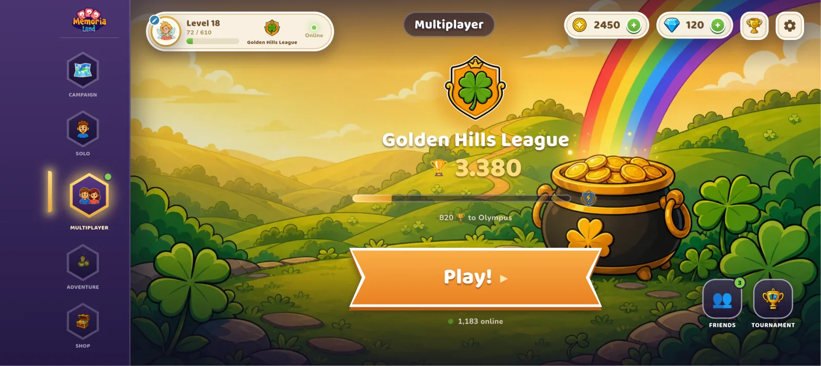 The multiplayer stage in the Golden Hills league with the trophy count, the road to the Olympus league and the Play button