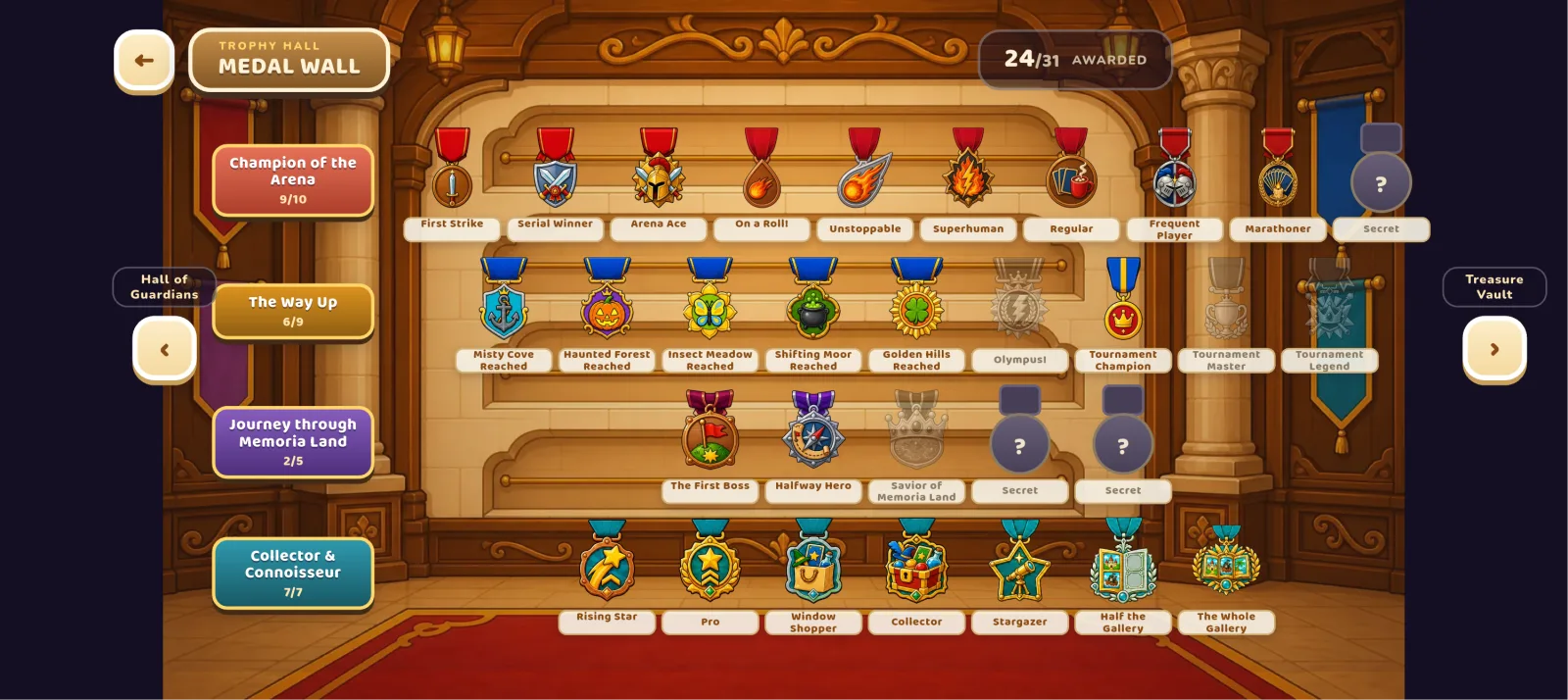 The medal wall in the trophy hall with 24 of 31 medals awarded, sorted into Champion of the Arena, The Way Up, Journey through Memoria Land and Collector & Connoisseur