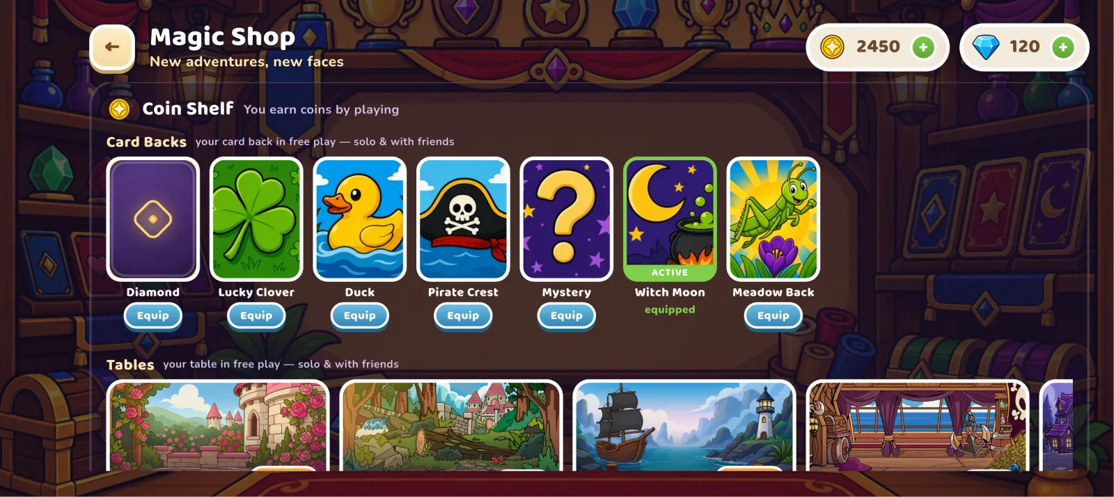 The magic shop with the coin shelf, seven card backs from Diamond to Meadow Back and a row of tables