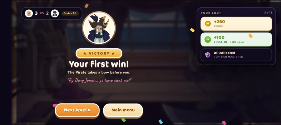 Victory screen after the first win against the Pirate: 3 trios to 2, series 2:1, plus 260 coins and 100 XP in the reward panel