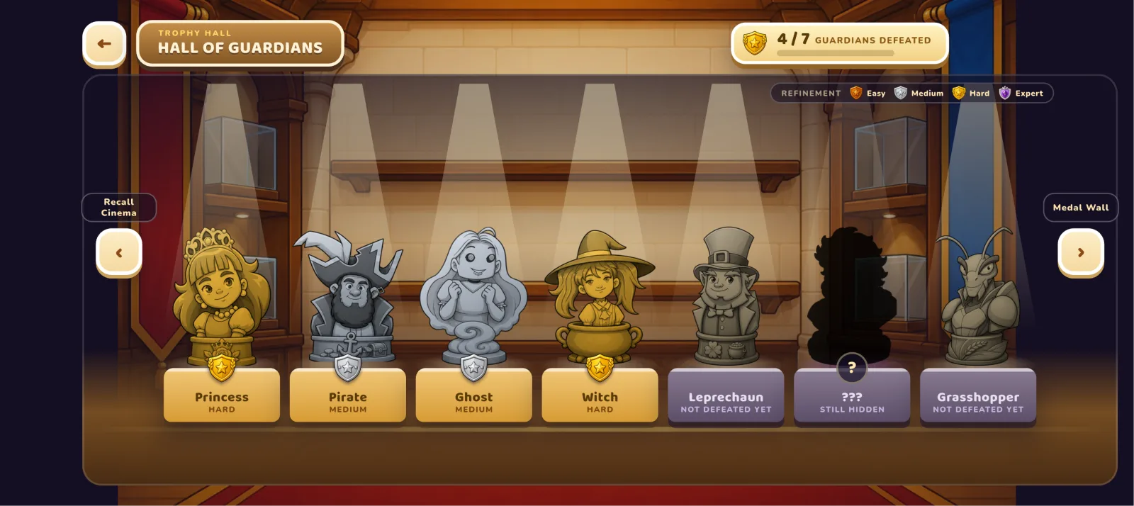 The Hall of Guardians with statues on plinths: Princess, Pirate, Ghost and Witch beaten, Leprechaun and Grasshopper still in stone, one plinth a dark silhouette