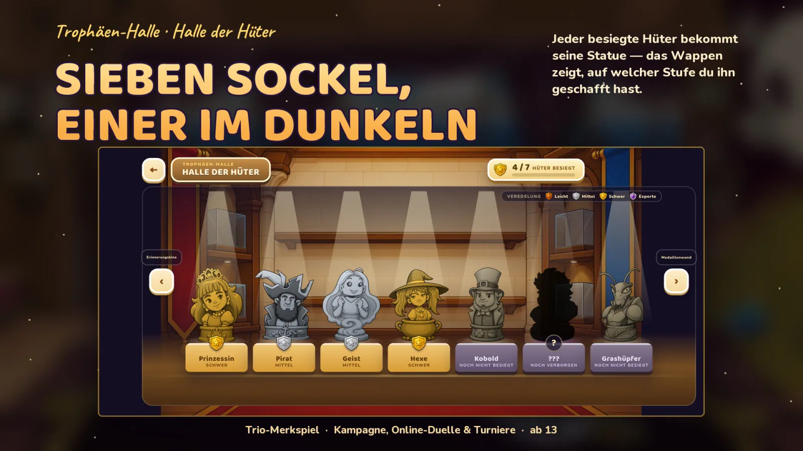 Die Halle der Hüter mit Statuen auf Sockeln, die zeigen, welche Gegner auf welcher Schwierigkeit besiegt wurden