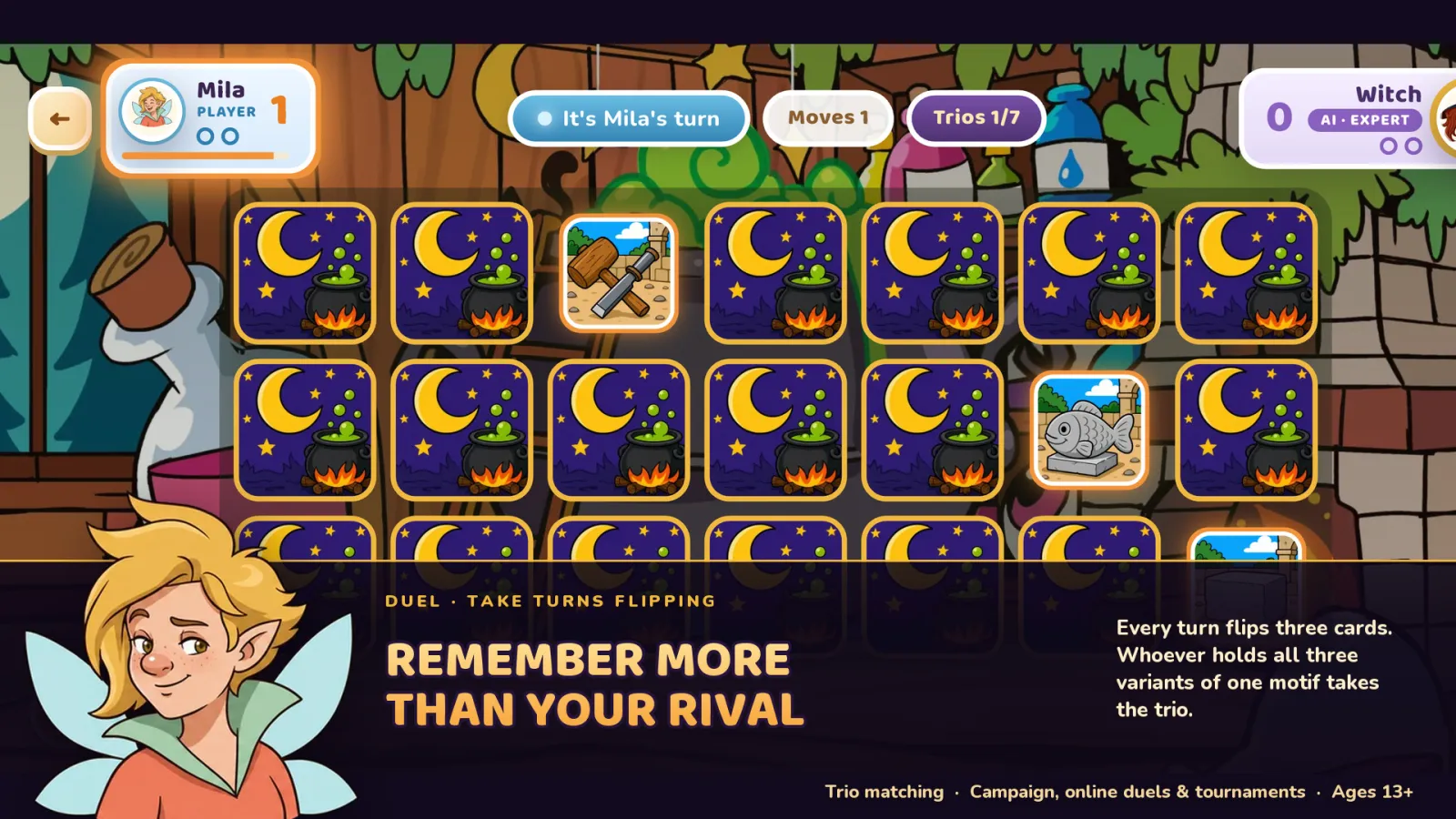 A duel against the Witch on a wide board, with the turn indicator and the trio counter