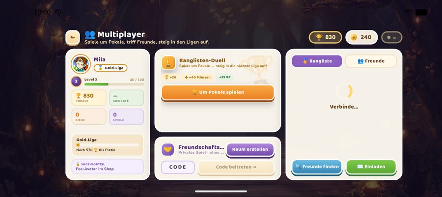 Multiplayer screen with league card, ranked duel button and friend rooms