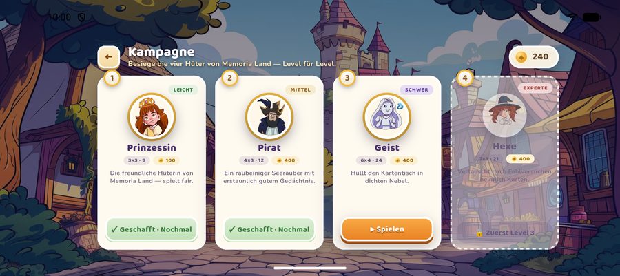 Campaign screen with Princess, Pirate, Ghost and the locked Witch level