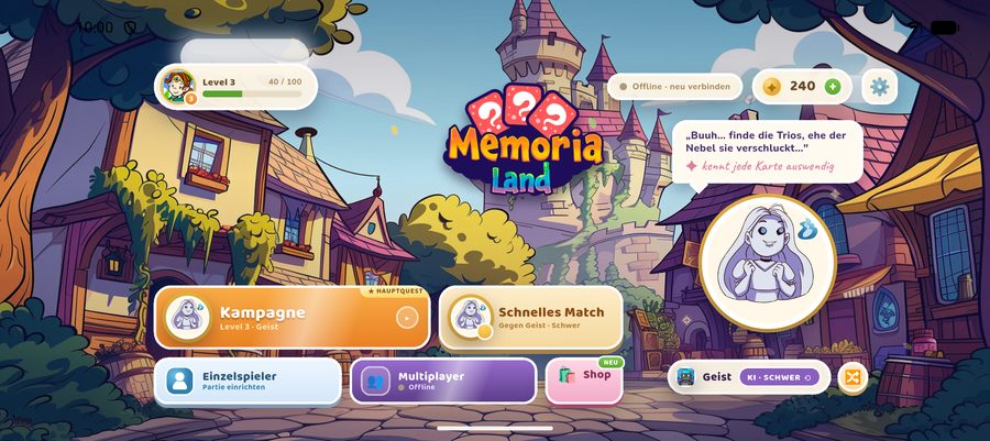 Memoria Land main menu with campaign, quick match and the ghost challenger