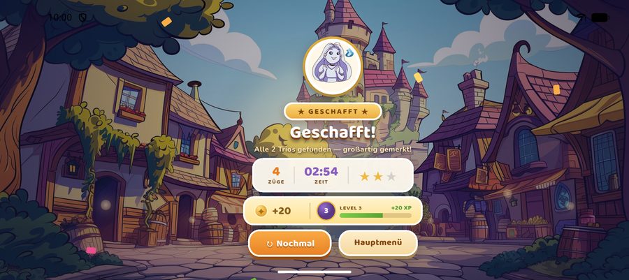 Victory screen with stars, coins and experience points