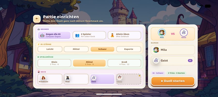 Match setup with opponent type, AI strength, board size and deck choice