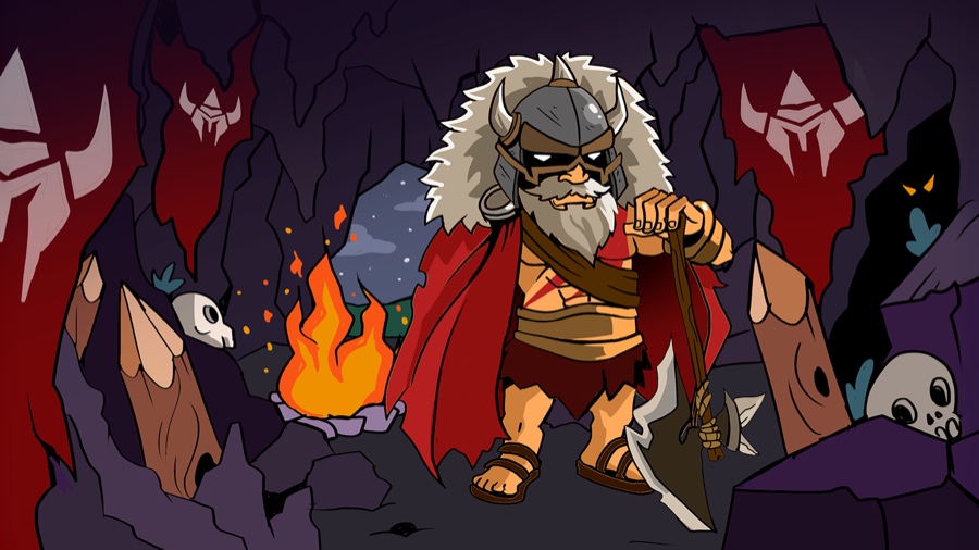 Row Empire Artwork des Barbaren-Häuptlings neben einem Lagerfeuer, die Axt in der Hand
