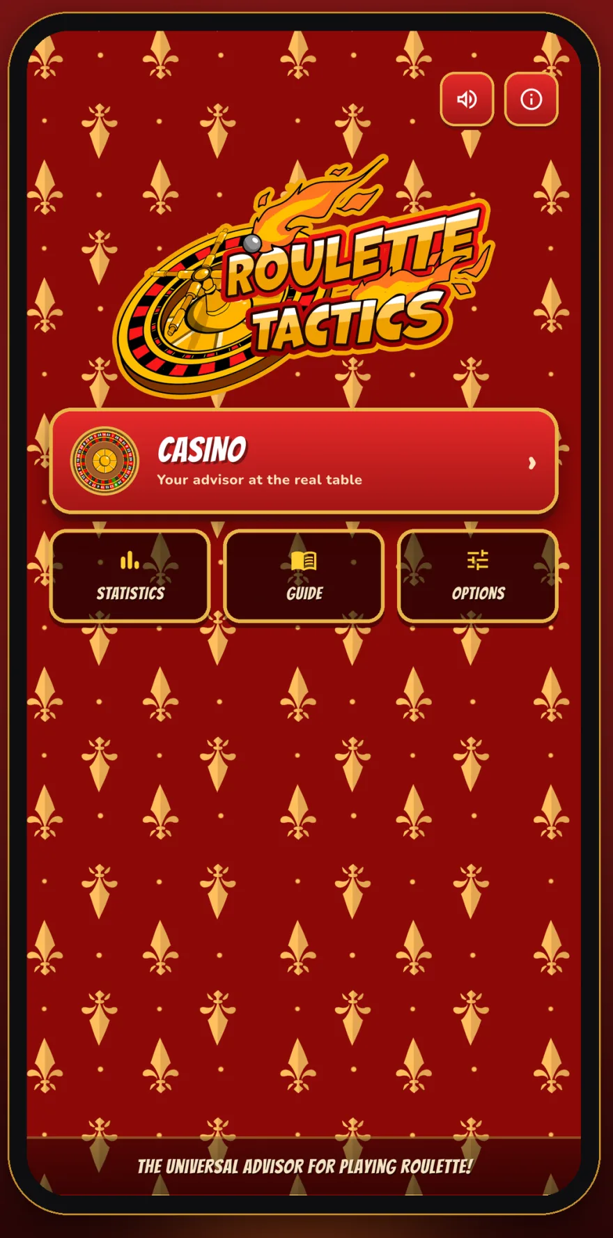 Main menu with the Casino mode and entries for statistics, guide and options