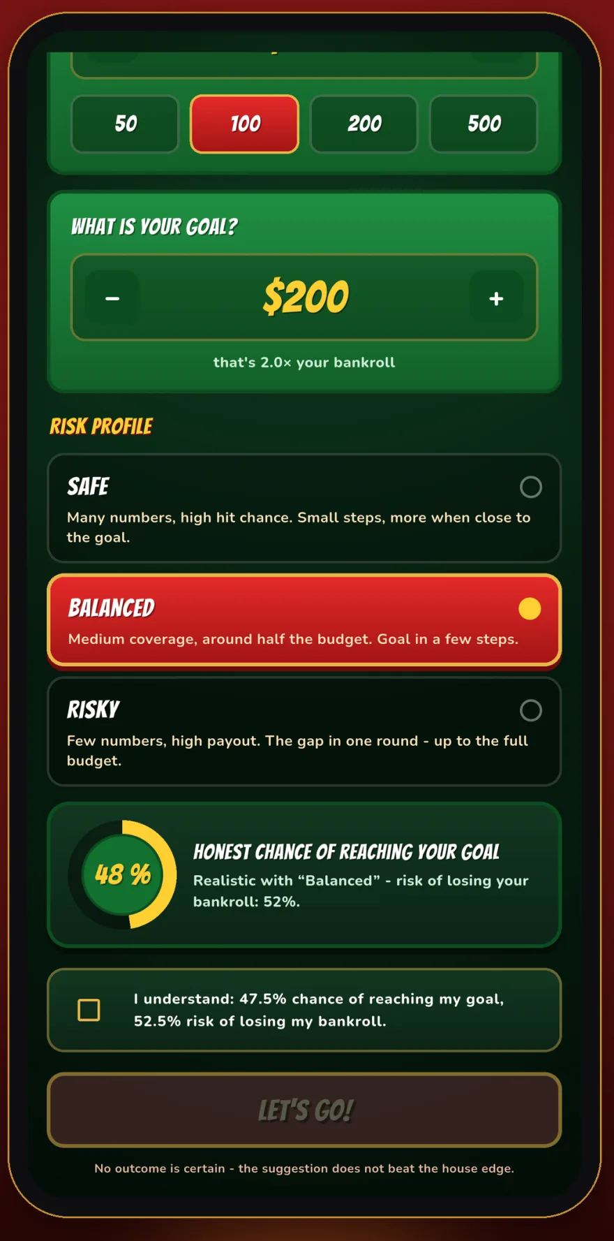 Roulette Tactics: session setup with goal, risk profiles and the honest chance of reaching the goal