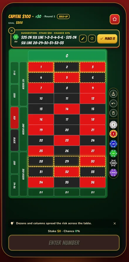 Round view with a bet suggestion highlighted on the roulette table